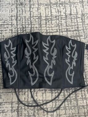 Black Faux Leather Corset Top with White Flame Stitching